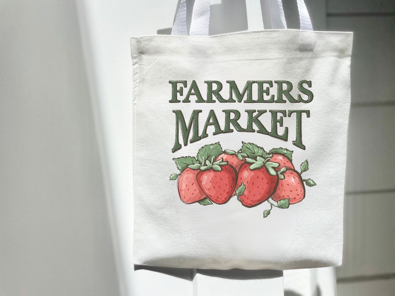 Farmers Market Tote Bag Gift Idea Healthy Nature Eco friendly Grocery Bag Support Your local Farmer Library Bag Reusable Strawberries Fruits image 1