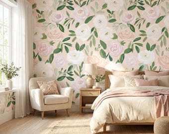 Renter Friendly Watercolor Floral Girl Room Wallpaper Flower Paint Pattern Pink Greenery Peel Stick Easy Installation Pastel Adhesiv Nursery