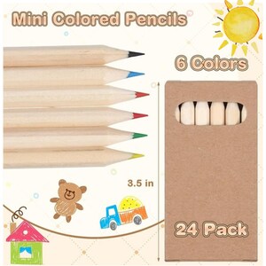 May include: A pack of 24 mini colored pencils in 6 colors. The pencils are 3.5 inches long and come in a brown cardboard box. The box has the text "24 Pack" printed on it.