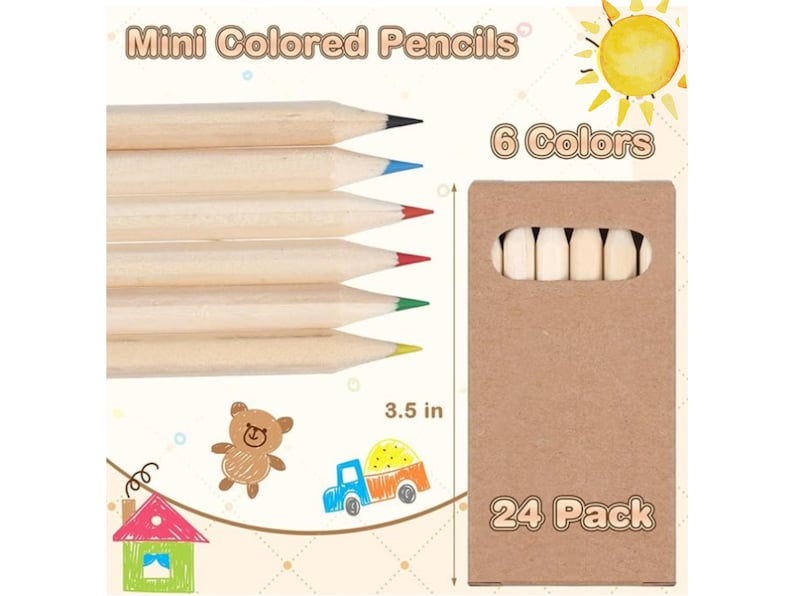 May include: A pack of 24 mini colored pencils in 6 colors. The pencils are 3.5 inches long and come in a brown cardboard box. The box has the text "24 Pack" printed on it.