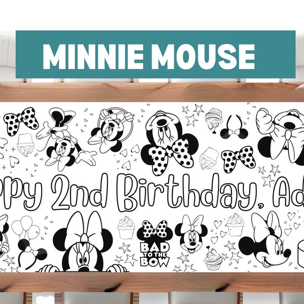 LARGE 6-foot M Mouse Theme Coloring Banner Personalized Birthday Poster Table Custom Birthday Tablecloth for Party Sheet Minnie ideas 72"