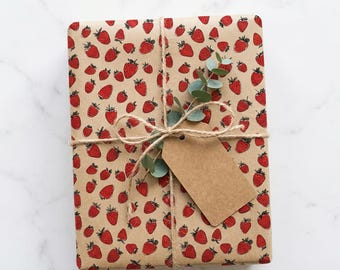 Hand Drawn Strawberry Wrapping Paper Recycled Kraft Gift Wrap Cottagecore Berry Print Summer Fruit Eco Friendly Gift Wrap Birthday Summer