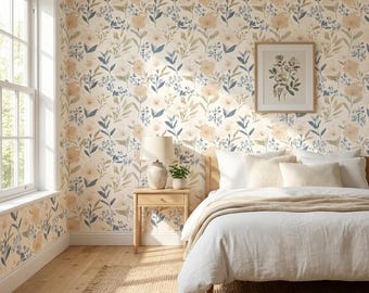 Neutral Floral Peel and Stick Wallpaper Removable Botanical Wall Mural Nursery Wallpaper Beige Blue Floral Wallpaper Self Adhesive WallDecor