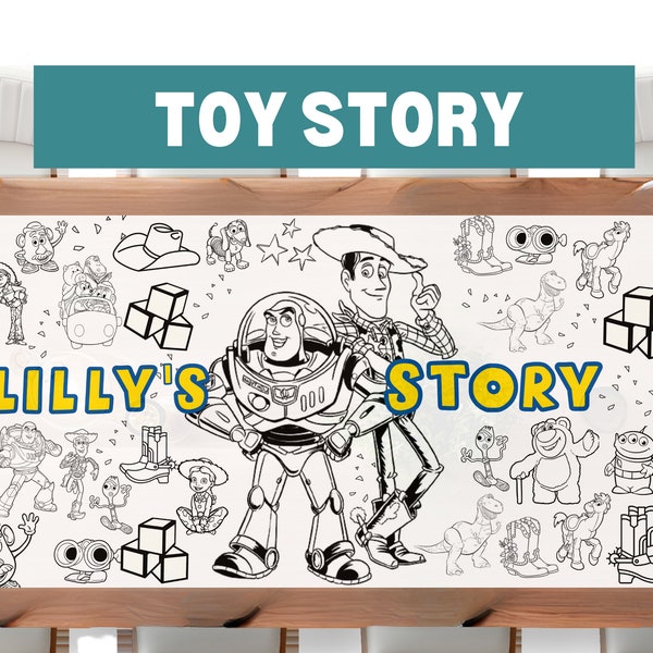 LARGE 6-foot Toy Story Theme Coloring Banner Personalized Birthday Poster Table Custom Toy Story Birthday Tablecloth for Party ideas 24x72"