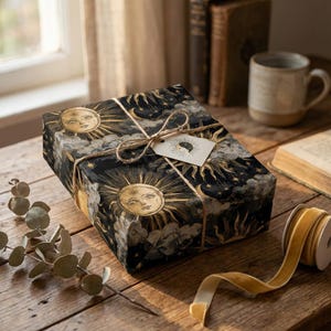 Celestial Geschenkpapier Gold Sonne Mond Design mystisch schwarz Sternenhimmel Geschenkverpackung Birthday Wrapper Vintage Goth Boho Astrologie Cosmic