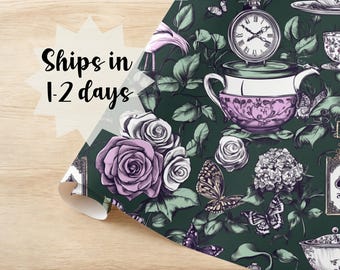Alice in W Fairytale Wrapping Paper Mad Hatter Birthday Gift Queen of Heart White Rabbit Whimsical Rabbit Hole Clock Tea Party Dark Fantasy
