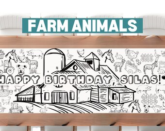 LARGE 6foot Farm Animal Coloring Banner Personalized Farmer Birthday Table Cover Barnyard Custom Paper Tablecloth for Parties 72" Farm Party