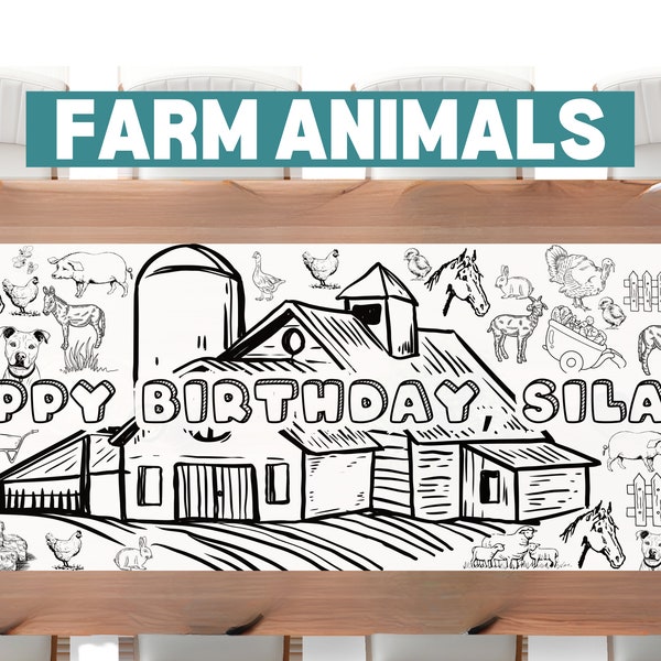 LARGE 6foot Farm Animal Coloring Banner Personalized Farmer Birthday Table Cover Barnyard Custom Paper Tablecloth for Parties 72" Farm Party