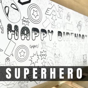 Pancarta grande para colorear de superhéroes de 1,8 m, póster de cumpleaños personalizado, mantel de cumpleaños de superhéroe personalizado para fiestas, 61 x 183 cm