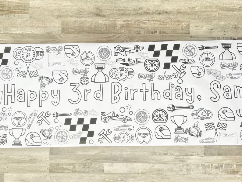 LARGE 6-foot Race Car Theme Coloring Banner Personalized Birthday ...