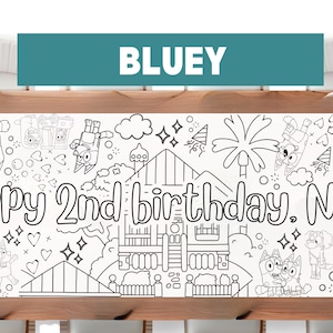 LARGE 6-foot Coloring Banner Bluey Personalized Birthday Poster Table Cover Custom Paper Tablecloth Parties Blue Heeler Party Ideas 24x72"