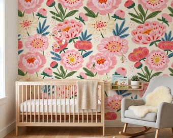 Pink Red Green Flower Wallpaper Peel and Stick Floral Wallpaper Nursery Decor Removable Rental Friendly Botanical Wall Covering Botanical