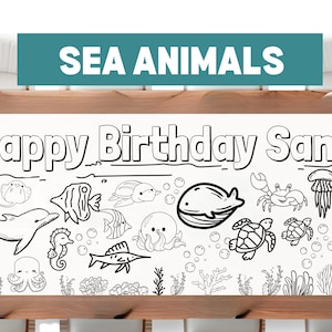 Pancarta grande para colorear de 1,8 m con animales del océano, póster de cumpleaños personalizado, mantel de papel personalizado para fiestas, 61 x 183 cm