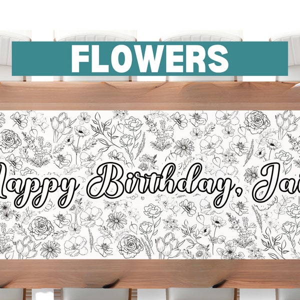 6-foot Personalized Coloring Banner Flower Wildflower Adult Coloring Birthday Whimsical Custom Daisy Paper Tablecloth for Party 72" Garden