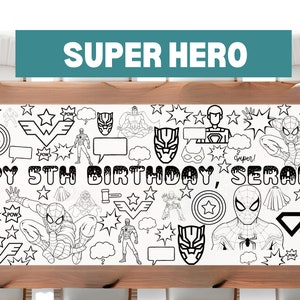 LARGE 6-foot Super Hero Theme Coloring Banner Personalized Birthday Poster Table Custom Boy Hero Birthday Tablecloth for Party ideas 24"x72"