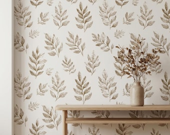 Two Tone Pressed Leaf Botanical Wallpaper Pattern Bedroom Neutral Design Nature Beige Soft Tone Leaves Cream Hallway Mural Renter Friendly