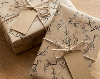 Black Floral Stem Wrapping Paper Recycled Kraft Gift Wrap Minimal Botanical Leaf Print Modern Rustic Eco Friendly Gift Wrap Wedding Minimal