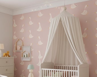 Pink Duck Nursery Wallpaper Cute Goose Pattern Baby Girl Room Wall Mural Soft Pastel Peel & Stick Wallpaper Whimsical Coquette Bow Girl Room