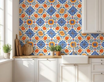 Faux Spanish Tile Peel and Stick Wallpaper Blue Terracotta Mediterranean Wall Mural Removable Adhesive Wallpaper Kitchen Backsplash Decor