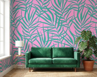 Forest Green Palm Leaf PeelStick Wallpaper Tropical Eclectic Wall Decor Light Pink Background Removable Wallpaper Renter Friendly Extrovert