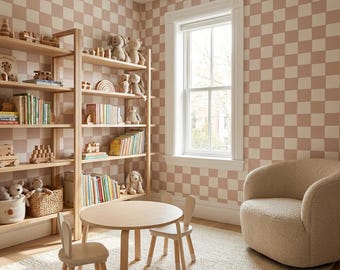 Adhesive Fabric Wallpaper Checkered Dusty Pink Wall Mural Play Room Decor Play Area Idea Birthday Gift Nursery Bedroom Peel Stick Removable