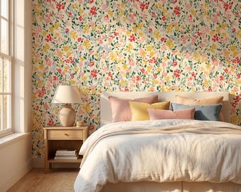 Renter Friendly Watercolor Floral Girl Room Wallpaper Flower Paint Pattern Pink Greenery Peel Stick Easy Installation Pastel Adhesiv Nursery