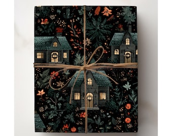 Papel de embrulho Cottagecore escuro, papel de embrulho floral gótico, estampa de casa aconchegante e temperamental, papel vintage de bruxaria e natal, Fairy Academia Woodland