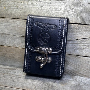 Handmade Black Leather Tarot Deck Box: Raven Pentagram Moon Design
