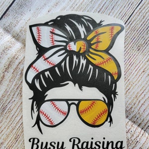 Busy Raising Ballers Car Decal | Softball Mom | Baseball Mom | Messy Bun Mama | Sports | Sunglasses | Car Accessories | Decal | Sticker