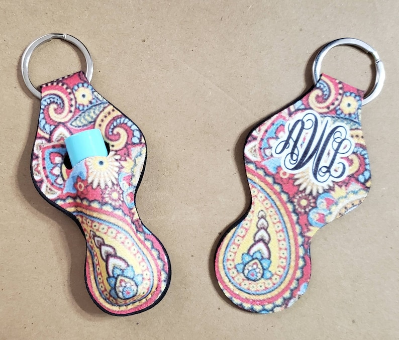 Personalized Lip Balm Chap Lip Girly Key Ring Monogram Paisley Chapstick Key Chain Initials cute