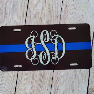 Thin Blue Line License Plate - Police Wife , Cop Girlfriend , Back The Blue Car Tag -  Key Chain - Coaster - MONOGRAMMED , SILVER Glitter