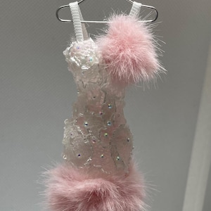 12th Scale Dolls House Miniature Pink Angel Cocktail dress.
