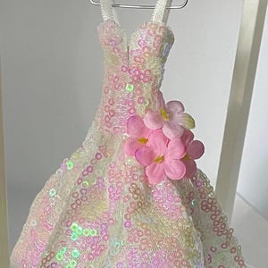 12th Scale Dolls House Miniature Gown Mermaid Shimmer Pink.