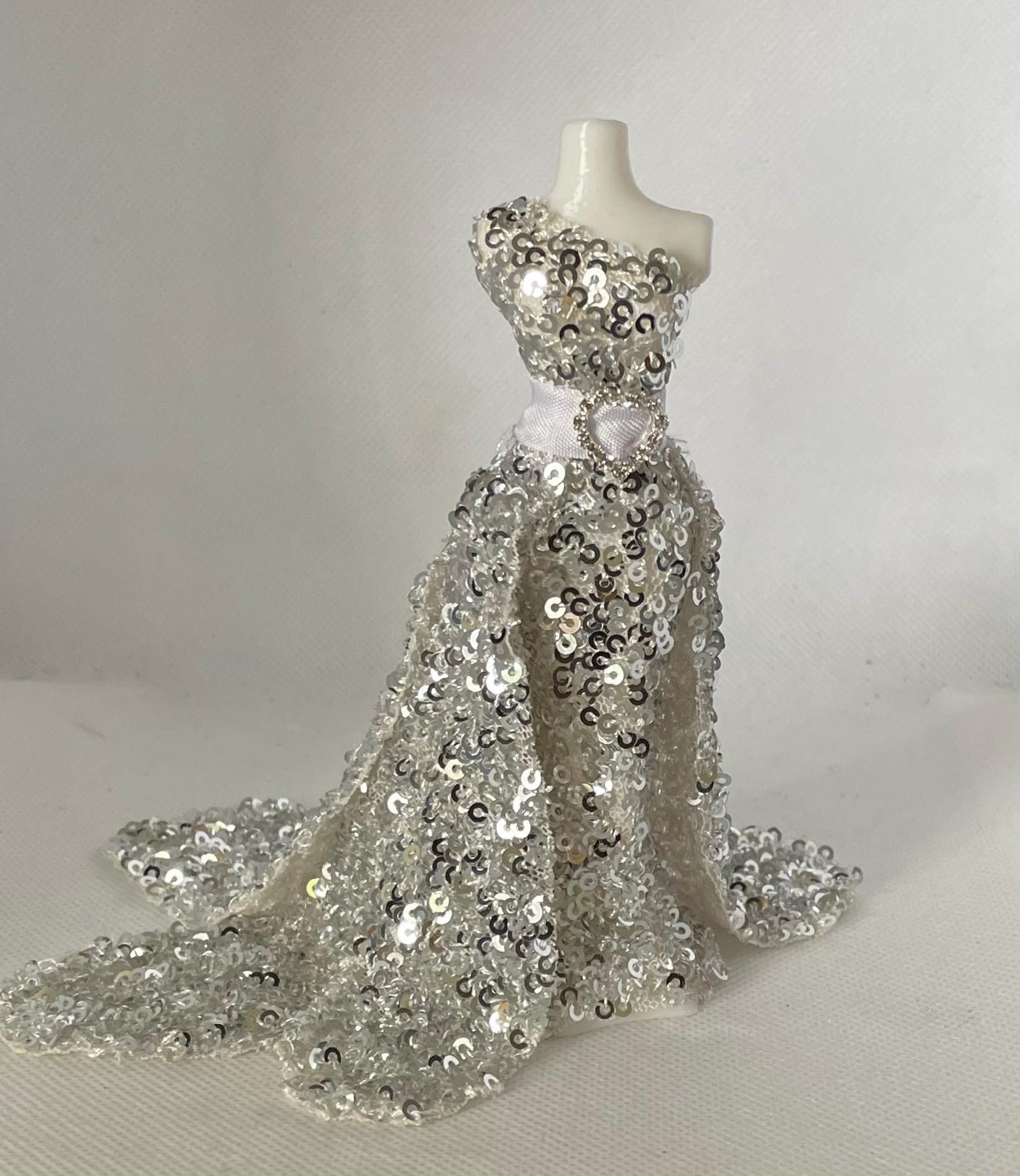12th Scale Doll's House Miniature Evening Gown Silver Scrumptious.