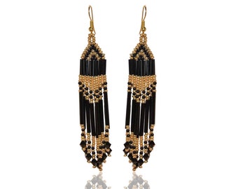 Earrings Ethnic beaded Black and Gold Woven