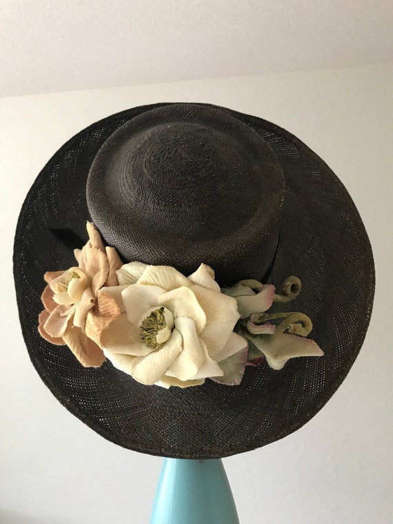 Vintage Irene of New York Mint Green Straw Hat with Floral Embellishments US One Size