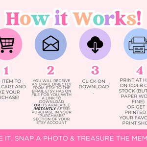 May include: A pink, blue, and white graphic with four icons showing the steps to download and print a digital printable. The icons are a shopping cart, an envelope, a cloud with a download arrow, and a printer. The text says "How it Works!" and explains the steps: 1. Add item to your cart and make your purchase! 2. You will receive an email directly from Etsy to the email Etsy has on file for you, with a link to download or its available instantly after purchase in your "Purchases" section of your Etsy account. 3. Click on download. 4. Print at home on 100lb card stock (but any paper works fine) or get it printed at your favorite print shop! Frame it, snap a photo & treasure the memories.