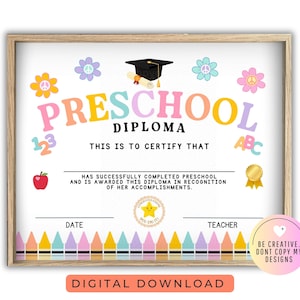 Druckbare Kindergarten Abschluss Zertifikat, Kindergarten Diploma Zertifikat, Digital Sofort Download nicht bearbeitbar
