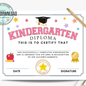 Printable Kindergarten Graduation Certificate for a Girl - Etsy