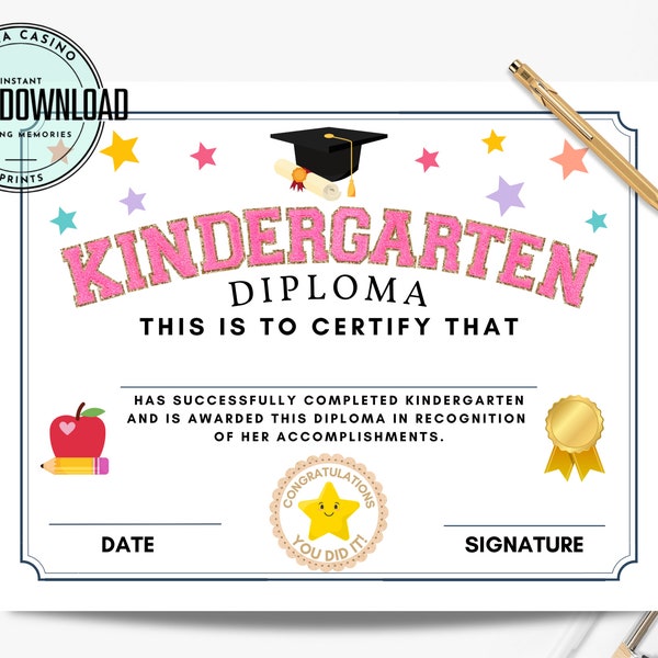 Printable Kindergarten Graduate Certificate for a girl, Kindergarten Diploma Certificate, Digital Instant Download not editable