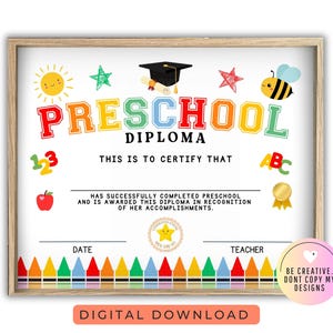 Druckbare Kindergarten bestandene Zertifikat, Kindergarten Diploma Zertifikat, Digital Sofort Download nicht bearbeitbar für Mädchen & Jungen