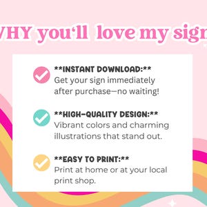 Puede incluir: Un fondo rosa con un dise&ntilde;o de arco&iacute;ris y texto que dice "WHY you'll love my signs". El texto debajo del t&iacute;tulo describe los beneficios de comprar letreros, que incluyen descarga instant&aacute;nea, dise&ntilde;o de alta calidad y f&aacute;cil impresi&oacute;n.