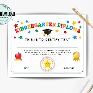 Printable Kindergarten Graduation Certificate, Kindergarten Diploma Certificate, Digital Instant Download not editable