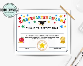 Printable Kindergarten Graduation Certificate, Kindergarten Diploma Certificate, Digital Instant Download not editable