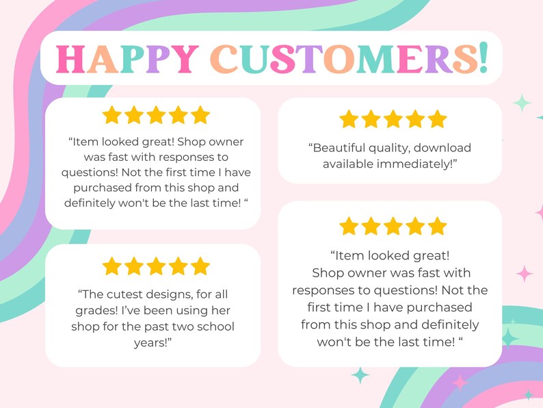 K&ouml;nnte beinhalten: Ein rosa Hintergrund mit einem Regenbogenrand und dem Text "HAPPY CUSTOMERS!" in Regenbogenfarben. Vier Kundenbewertungen mit F&uuml;nf-Sterne-Bewertungen werden in wei&szlig;en K&auml;stchen mit schwarzem Text angezeigt. Jede Bewertung enth&auml;lt ein Zitat eines Kunden &uuml;ber seine Erfahrung mit dem Shop.