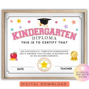 Druckbare Kindergarten Abschluss Zertifikat, Kindergarten Diploma Zertifikat, Digital Sofort Download nicht bearbeitbar