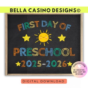 First Day of Preschool-bord, afdrukbare digitale download