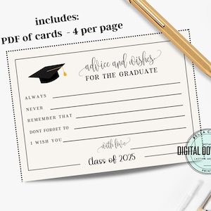 Conseils et souhaits pour l'obtention du diplôme Cartes imprimables, décoration de table de remise des diplômes, téléchargement numérique immédiat