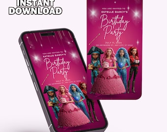 Può includere: Un invito a una festa di compleanno rosa e viola con un'immagine di cartoni animati dei personaggi di Disney Descendants. L'invito recita "Sei invitato alla festa di compleanno di Estelle Darcy" e include la data "11 luglio 2024".