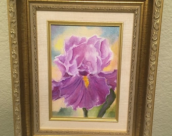 PURPLE IRIS Framed and Matted Still Life Oil on Canvas